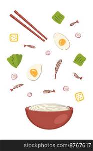 Niboshi asian ramen soup ingredients falling into a bowl of noodles. Perfect for tee, stickers, menu and stationery. Vector illustration for decor and design.