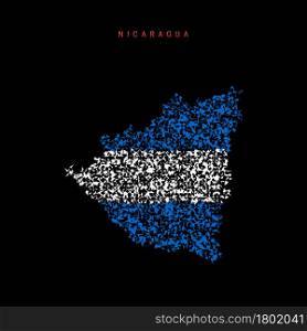 Nicaragua flag map, chaotic particles pattern in the colors of the Nicaraguan flag. Vector illustration isolated on black background.. Nicaragua flag map, chaotic particles pattern in the Nicaraguan flag colors. Vector illustration