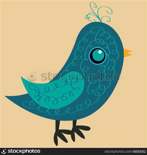 Nice blue bird with a pattern on the body, a yellow beak and a blue eye, a side view