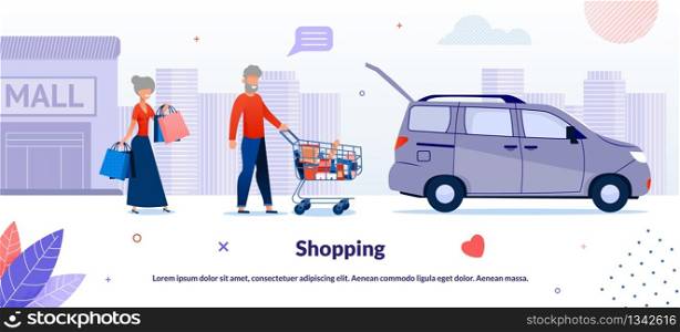 Nice Cartoon Old Senior Married Couple Characters Shopping in Supermarket Poster. Aged Man Carrying Trolley Cart and Woman Holding Handbag with Groceries from Store. Vector Flat Illustration. Old Married Couple Shopping in Supermarket Poster