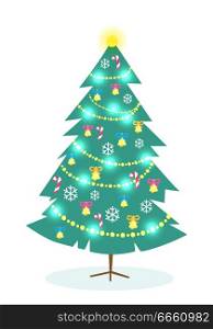 Nice decorated Christmas tree on white background for celebration Eve. Vector illustration of dark green fir tree with golden handbells, white snowflakes, candy canes and bright lights of festoon.. Decorated Christmas Tree on White Background.