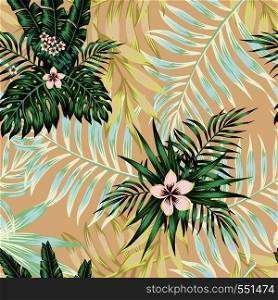 Nice exotic flowers plumeria and green tropical palm banana monstera leaves seamless vector pattern on the pink background. Trendy wallpaper