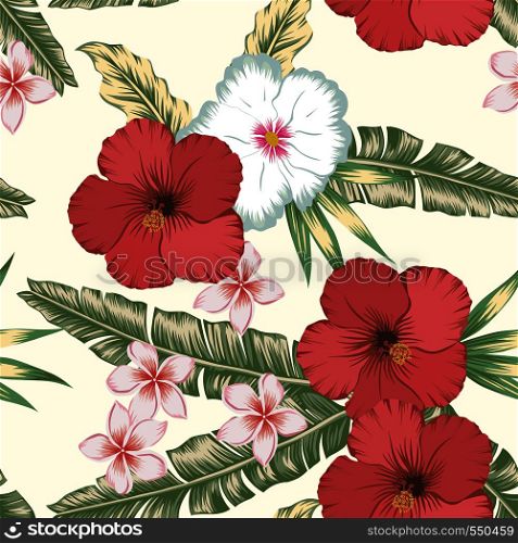 Nice flowers red hibiscus and plumeria (frangipani) on the green palm banana leaves seamless vector pattern. Exotic botanical background
