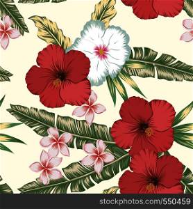 Nice flowers red hibiscus and plumeria (frangipani) on the green palm banana leaves seamless vector pattern. Exotic botanical background