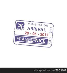 Nice, France immigration arrival visa isolated st&. Vector border passing passport control document. Arrival Nice airport visa, France border control