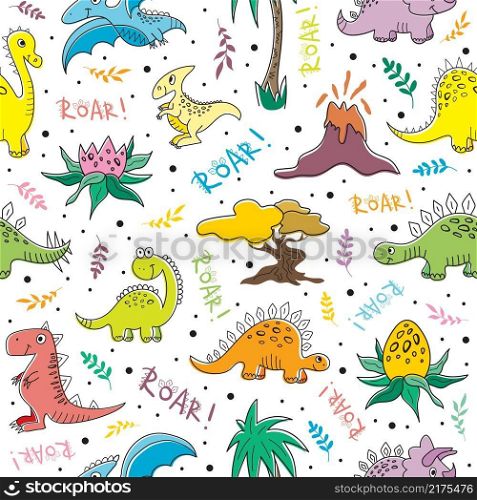 Nice funny doddle dinosaur seamless pattern for textile, wallpaper, prints, fabric, clothes for children. Vector illustration. 