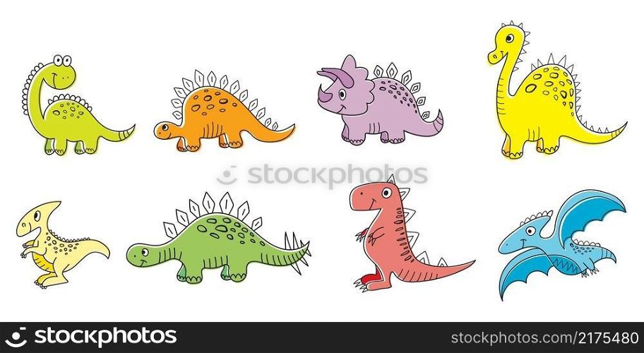 Nice funny doddle dinosaur set collection for textile, wallpaper, prints, fabric, clothes for children. Vector illustration. 