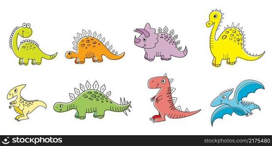 Nice funny doddle dinosaur set collection for textile, wallpaper, prints, fabric, clothes for children. Vector illustration. 