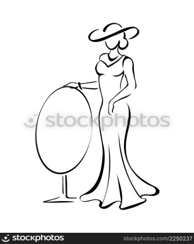 Nice outline of stunning slender lady in evening formal gown, broad-brim hat, standing with her hand on the big oval mirror. Hand drawn sketch of female figure, concept of beauty, femininity, fashion. Beautiful outline of elegant lady in long dress and broad-brim with a mirror. Sketch design element