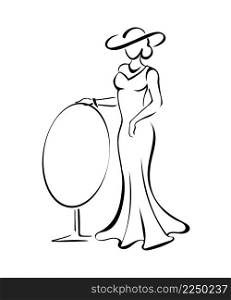 Nice outline of stunning slender lady in evening formal gown, broad-brim hat, standing with her hand on the big oval mirror. Hand drawn sketch of female figure, concept of beauty, femininity, fashion. Beautiful outline of elegant lady in long dress and broad-brim with a mirror. Sketch design element