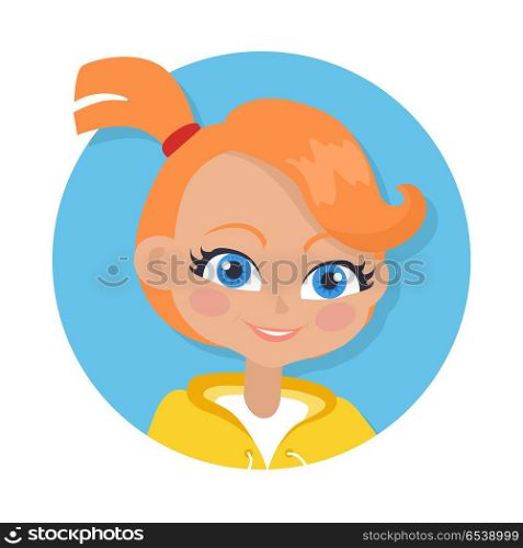 Nice Smiling Girl with Pigtail. Cartoon Style. Girl with red pigtail and forelock avatar userpic. Portrait of nice female person with blue eyes. White t-shirt, yellow jacket. Simple cartoon style. Front view. Flat design. Vector illustration