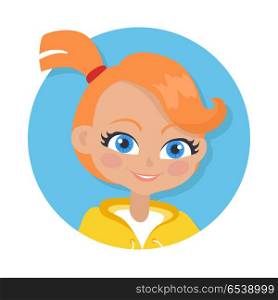 Nice Smiling Girl with Pigtail. Cartoon Style. Girl with red pigtail and forelock avatar userpic. Portrait of nice female person with blue eyes. White t-shirt, yellow jacket. Simple cartoon style. Front view. Flat design. Vector illustration