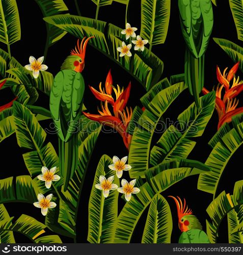 Nice tropical bird parrot green color in the exotic jungle with flowers frangipani (plumeria), bird of paradise and palm banana leaves. Summer seamless composition realistic vector