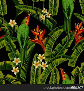 Nice tropical bird parrot green color in the exotic jungle with flowers frangipani (plumeria), bird of paradise and palm banana leaves. Summer seamless composition realistic vector