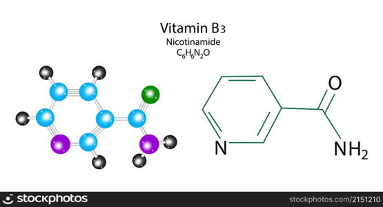 Nicotinamide skeletal formula. Vitamin B3 molecule structure. Chemical compound. Vector illustration. Stock image. EPS 10.. Nicotinamide skeletal formula. Vitamin B3 molecule structure. Chemical compound. Vector illustration. Stock image.