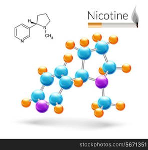 Nicotine 3d molecule chemical science atomic structure and cigarette poster vector illustration