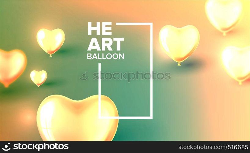 Nifty Invitation Postcard For Carnival Vector. Realistic Glossy Yellow Golden Bubbles In Form Of Heart With White Vertical Frame For Card Of Carnival Celebration. Fashion Banner 3d Illustration. Nifty Invitation Postcard For Carnival Vector
