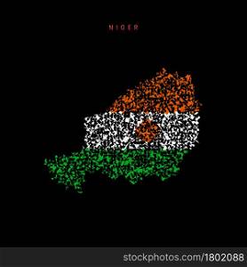 Niger flag map, chaotic particles pattern in the colors of the Nigerian flag. Vector illustration isolated on black background.. Niger flag map, chaotic particles pattern in the Nigerian flag colors. Vector illustration