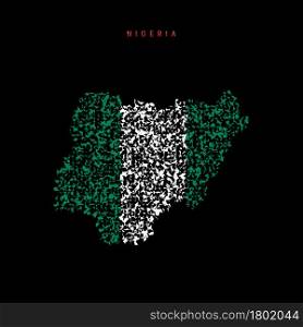 Nigeria flag map, chaotic particles pattern in the colors of the Nigerian flag. Vector illustration isolated on black background.. Nigeria flag map, chaotic particles pattern in the Nigerian flag colors. Vector illustration