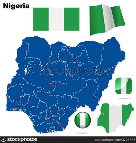 Nigeria vector set. Detailed country shape with region borders, flags and icons isolated on white background.