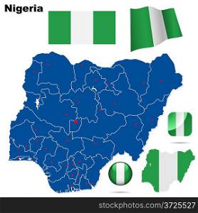 Nigeria vector set. Detailed country shape with region borders, flags and icons isolated on white background.