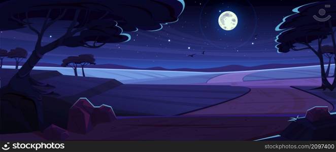 Night African savannah landscape, wild nature of Africa twilight view, cartoon background with road, trees, rocks and birds flying in starry sky with full moon. Kenya nighttime, Vector illustration. Night African savannah landscape, wild nature