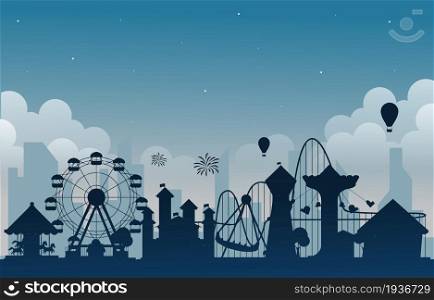 Night Amusement Park Fun Fair Carnival Flat Vector Illustration