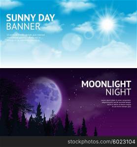 Night and day banner set. Night and day horizontal banner set with sun and moon in sky isolated vector illustration