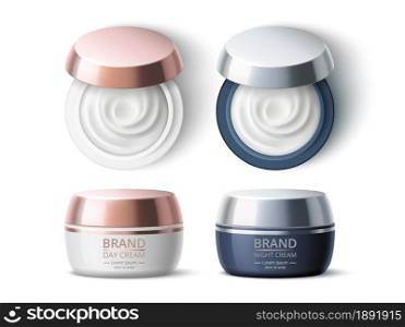 Night and day cream jar design. Realistic isolated cosmetic beauty products, labeled package, skin, body care, luxury containers bronze and silver cap mockup top and side view, vector 3d isolated set. Night and day cream jar design. Realistic isolated cosmetic beauty products, labeled package, skin, body care, luxury containers bronze and silver cap mockup top and side view, vector set