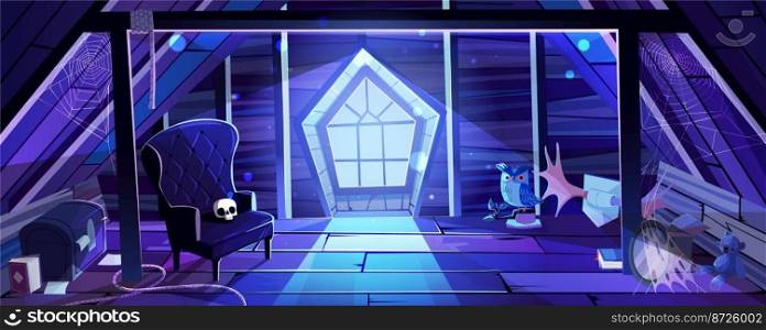 Night attic with skull on armchair, cobweb in dark corners, scary owl, old staff on floor and moon shining through window. Spooky Halloween atmosphere in abandoned room. Vector cartoon illustration. Night attic, skull on armchair, cobweb in corners