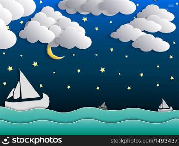 Night background, moon, clouds and stars on dark blue sky on ocean
