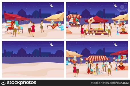 Night bazaar flat color vector illustrations set. Istanbul street market with souvenirs, carpets and exotic products. Tourists buying at eastern marketplace cartoon characters. Arabic souk, fair