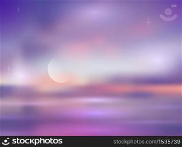 Night blurred seascape with moon and stars. Vector landscape for your design.. Night blurred seascape with moon and stars.