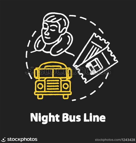 Night bus line chalk RGB color concept icon. Rest on the way idea. Sleeping tourist, international autobus and travel tickets Vector isolated chalkboard illustration on black background