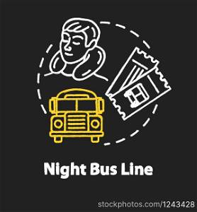 Night bus line chalk RGB color concept icon. Rest on the way idea. Sleeping tourist, international autobus and travel tickets Vector isolated chalkboard illustration on black background