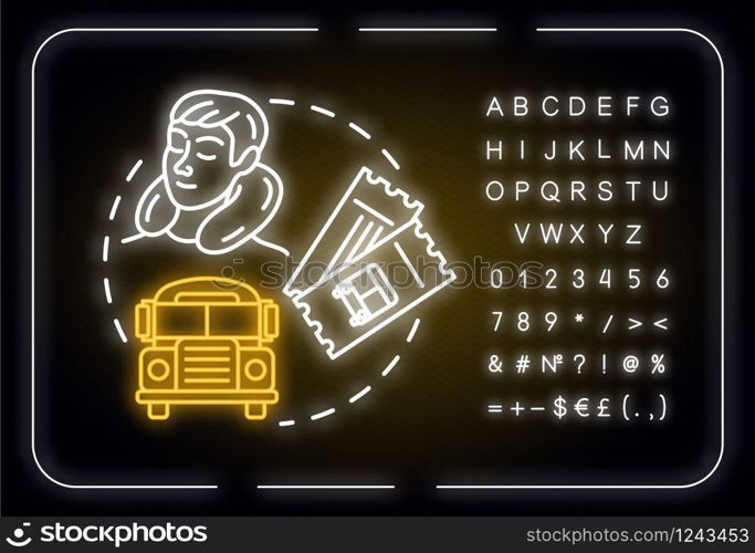 Night bus line neon light concept icon. Rest on the way, affordable intercity travel idea. Outer glowing sign with alphabet, numbers and symbols. Vector isolated RGB color illustration