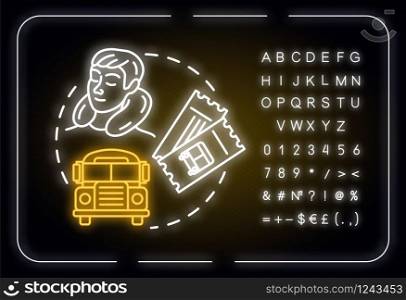 Night bus line neon light concept icon. Rest on the way, affordable intercity travel idea. Outer glowing sign with alphabet, numbers and symbols. Vector isolated RGB color illustration