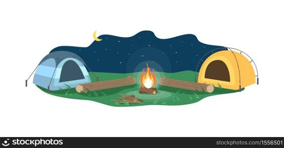 Night camp semi flat vector illustration. Opposing tents near bonfire. Camping outdoors during nighttime. Summer recreation. Logs outside canopy. Campground 2D cartoon landscape for commercial use. Night camp semi flat vector illustration