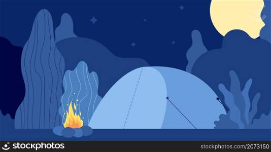 Night campfire. Flat forest camp, wild seasonal nature adventures. Tent and fire, summer wood camping in moonlight utter vector illustration. Forest campfire, fire expedition travel. Night campfire. Flat forest camp, wild seasonal nature adventures. Tent and fire, summer wood camping in moonlight utter vector illustration