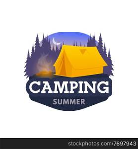 Night camping icon, tent and tourist camp club vector emblem. Summer camping, trekking and hiking travel or eco tourism equipment, campsite hut and fire, outdoor mountaineering and scout adventure. Camping tent, hiking or trekking tourism club icon