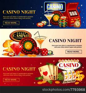 Night casino three horizontal banners with roulette cards chips jackpot dice cocktail elements flat cartoon vector illustration. Night Casino Three Horizontal Banners