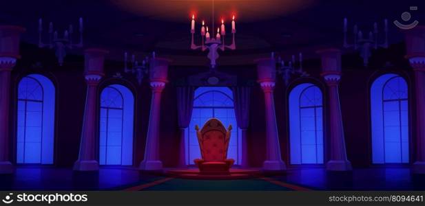 Night castle palace hall room with throne and spotlight cartoon background. Dark medieval ballroom game illustration with candles chandelier light and red king chair. Majestic costly decoration. Night castle palace hall with throne and spotlight
