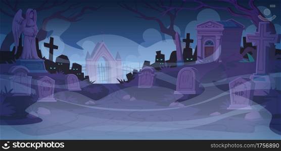 Night cemetery, graveyard with tombstones in fog with glowing spooky eyes and bare creepy trees around, cracked crosses, monuments with rip signature. Old grave tombs Cartoon vector illustration. Night cemetery, graveyard with tombstones in fog