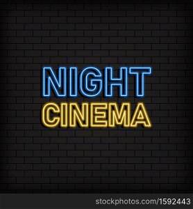 Night cinema neon icon. Cinema and entertainment concept, advertisement design. Night bright neon sign, colorful billboard, light banner. Vector on isolated black background. EPS 10.. Night cinema neon icon. Cinema and entertainment concept, advertisement design. Night bright neon sign, colorful billboard, light banner. Vector on isolated black background. EPS 10