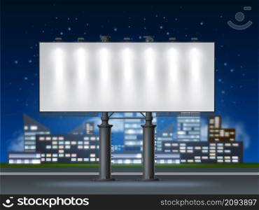 Night city billboard. Realistic blank illuminated advertising board. Roadside street banner. Horizontal lighted screen mockup. Urban landscape with empty advertisement display stand. Vector concept. Night city billboard. Realistic blank illuminated advertising board. Roadside street banner. Horizontal lighted screen. Urban landscape with empty advertisement stand. Vector concept