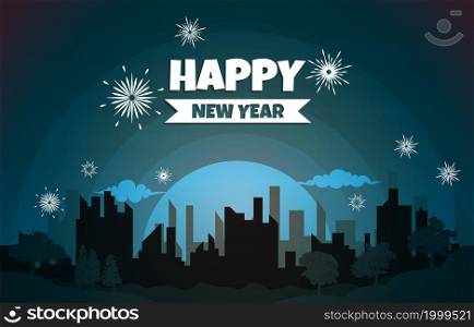 Night City Building Happy New Year Celebration Card Vector Illustration