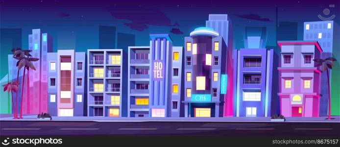 Night city buildings, hotels in Miami at summer, modern house architecture, skyscrapers, restaurants and stores with glass windows and palm trees stand at empty roadside, Cartoon vector illustration. Buildings, hotels in Miami at night summer time,