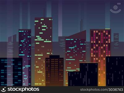 Night city, buildings with glowing windows at dusk vector urban background. Night city, buildings with glowing windows at dusk vector urban background. Building skyscraper architecture evening illustration