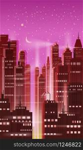 Night city, city scene, skyscrapers, towers, starry sky, lights horizon perspective vector isolated. Night city, city scene, skyscrapers, towers, starry sky, lights, horizon, perspective, background, vector, isolated