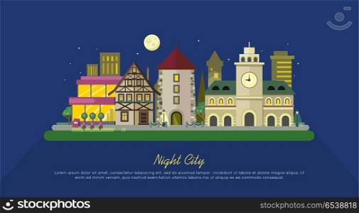 Night City. City Street Vector Illustration. Night city. City street vector illustration at night. Urban city landscape web banner. Building architecture in unusual fashionable design. Modern town. Metropolis panorama. Flat style poster